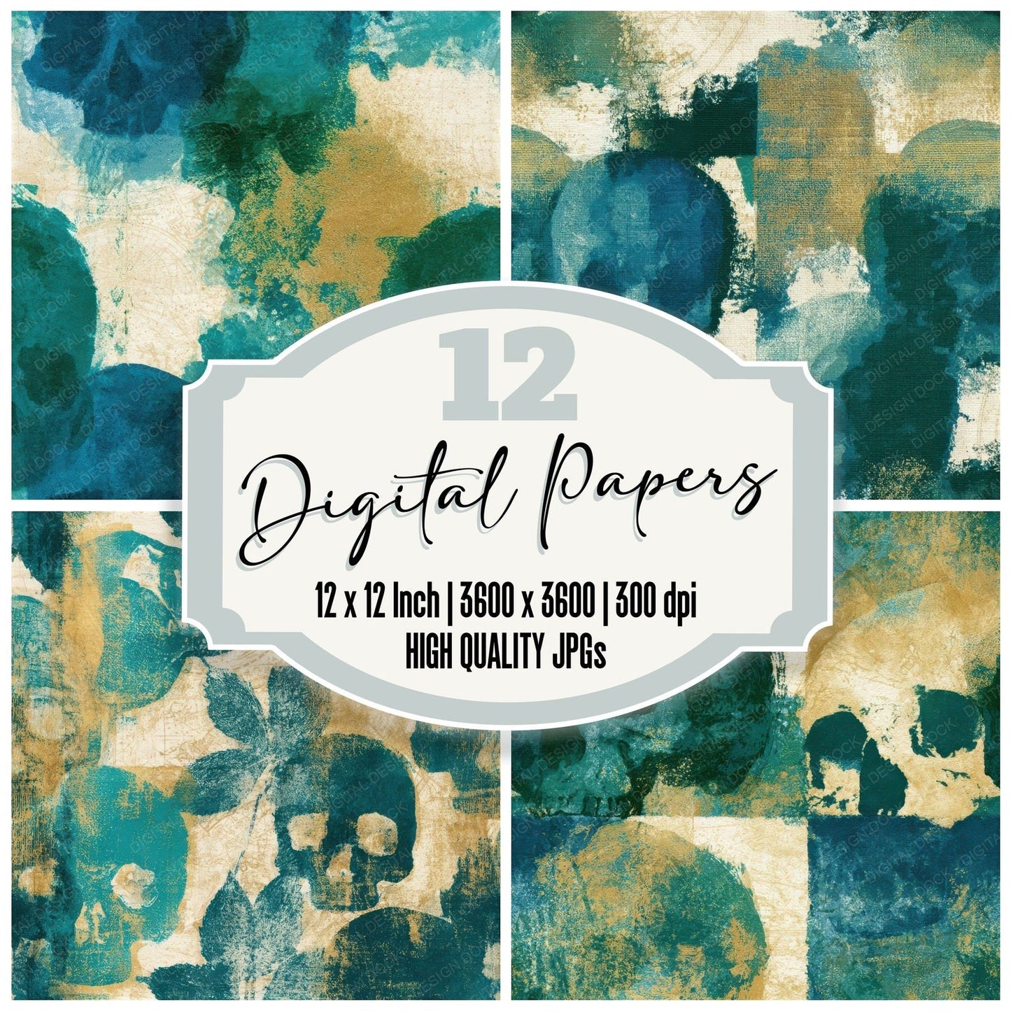 Monoprint Skulls Malachite Teal Seamless Digital Paper Pack (DDD012936)