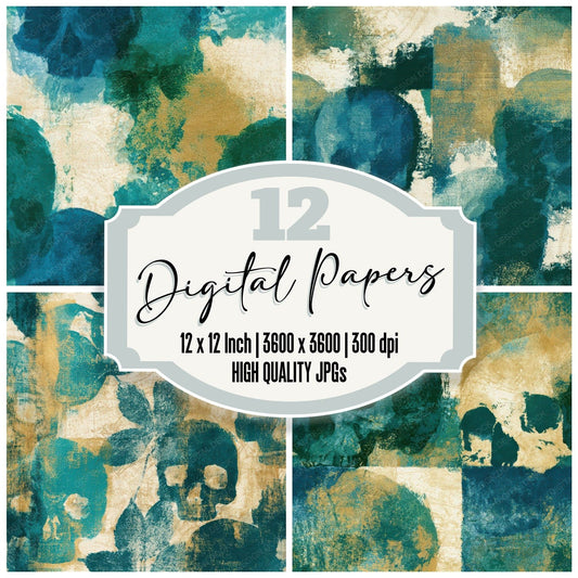 Monoprint Skulls Malachite Teal Seamless Digital Paper Pack (DDD012936)