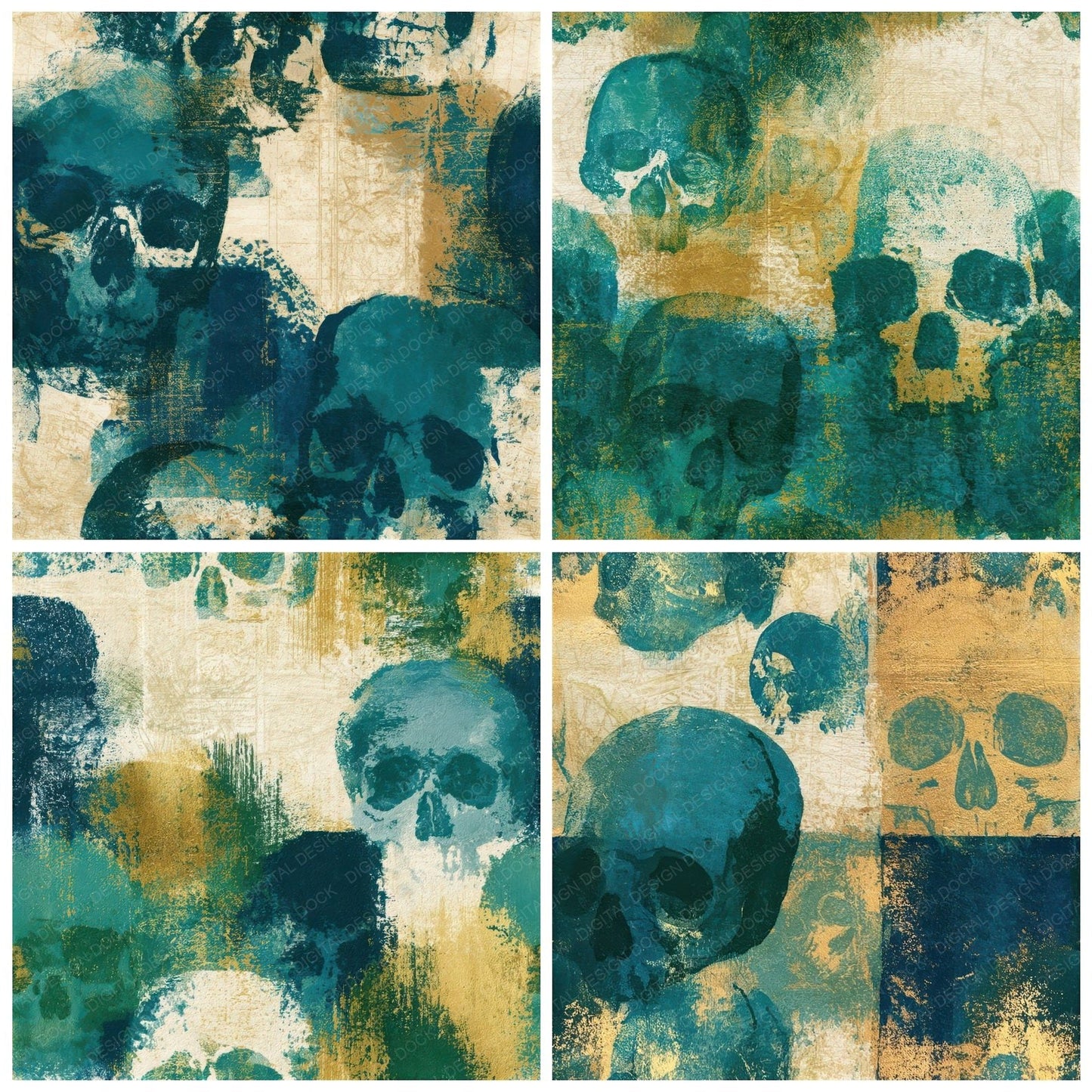 Monoprint Skulls Malachite Teal Seamless Digital Paper Pack (DDD012936)
