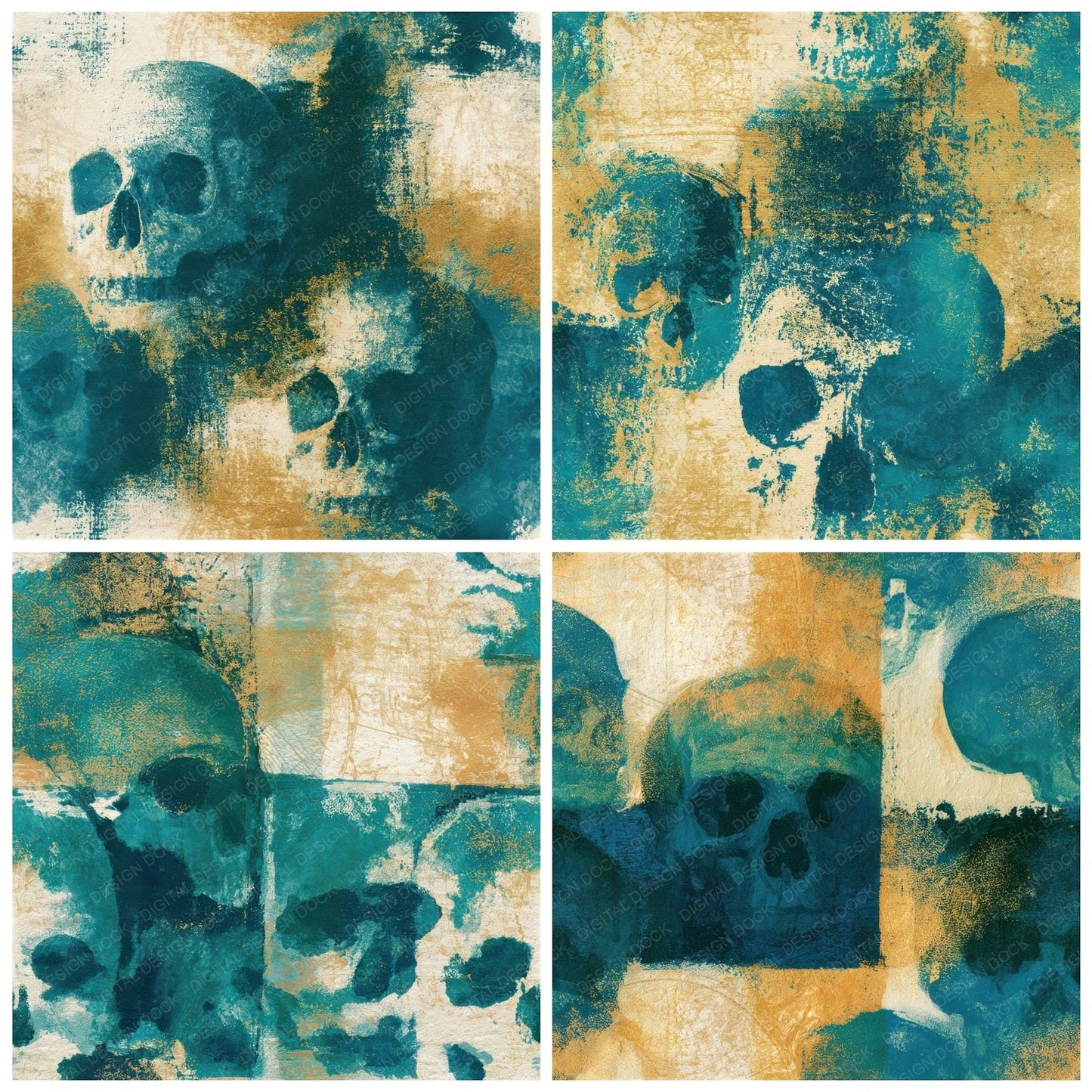 Monoprint Skulls Malachite Teal Seamless Digital Paper Pack (DDD012936)