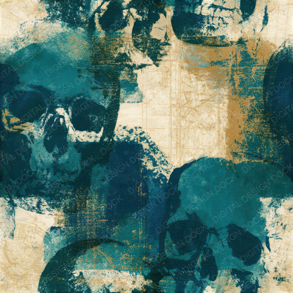 Monoprint Skulls Malachite Teal Seamless Digital Paper Pack (DDD012936)