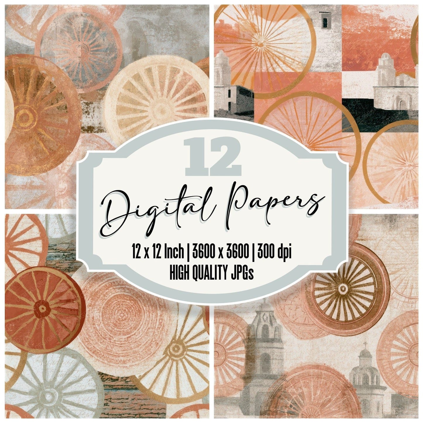 Naturalist Cuba Wagon Wheels Terracotta Seamless Digital Paper Pack (DDD012937)