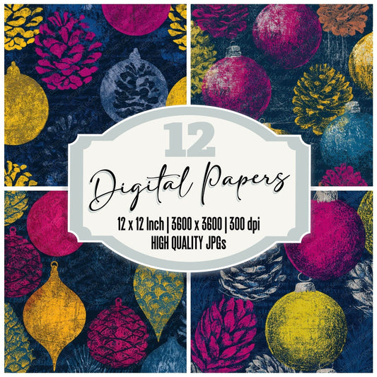 Scratchboard Christmas Pine Cones Hot Pink Digital Paper Pack (DDD012940)