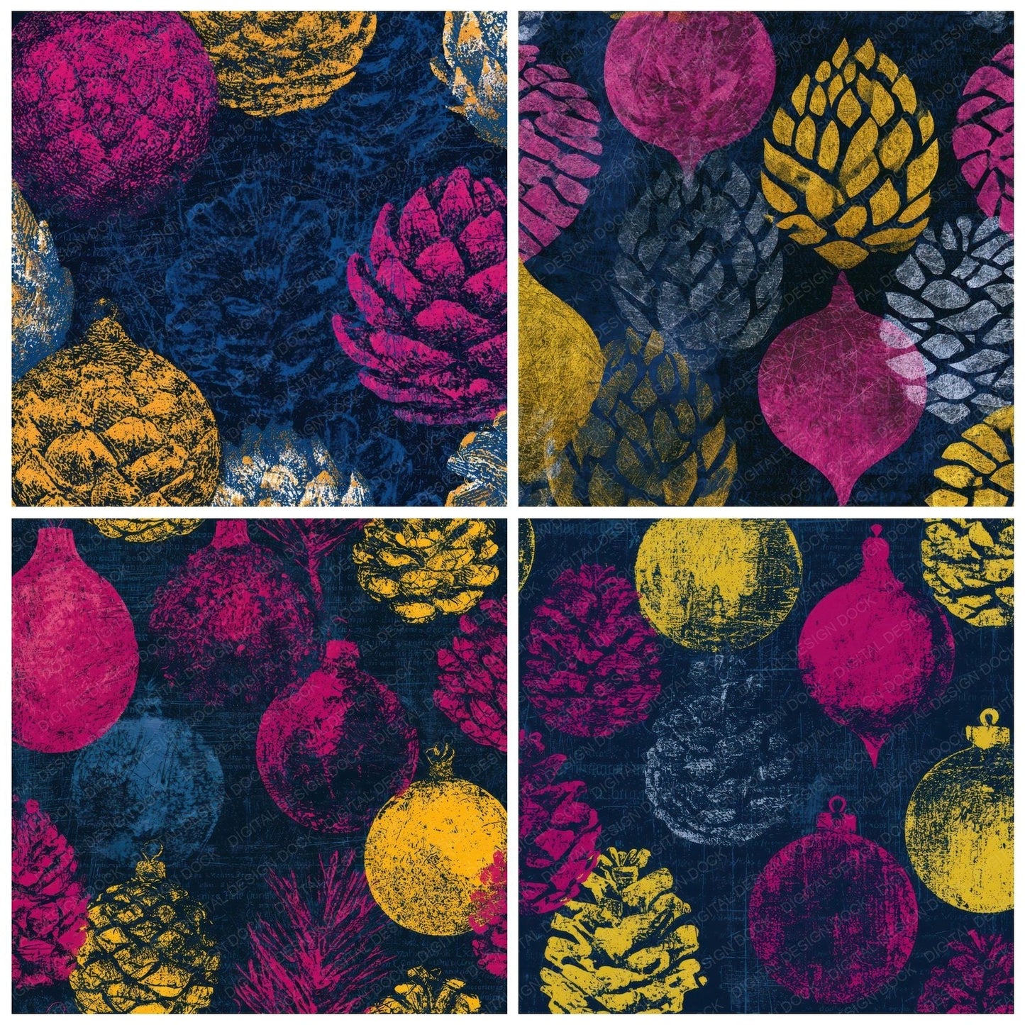 Scratchboard Christmas Pine Cones Hot Pink Digital Paper Pack (DDD012940)