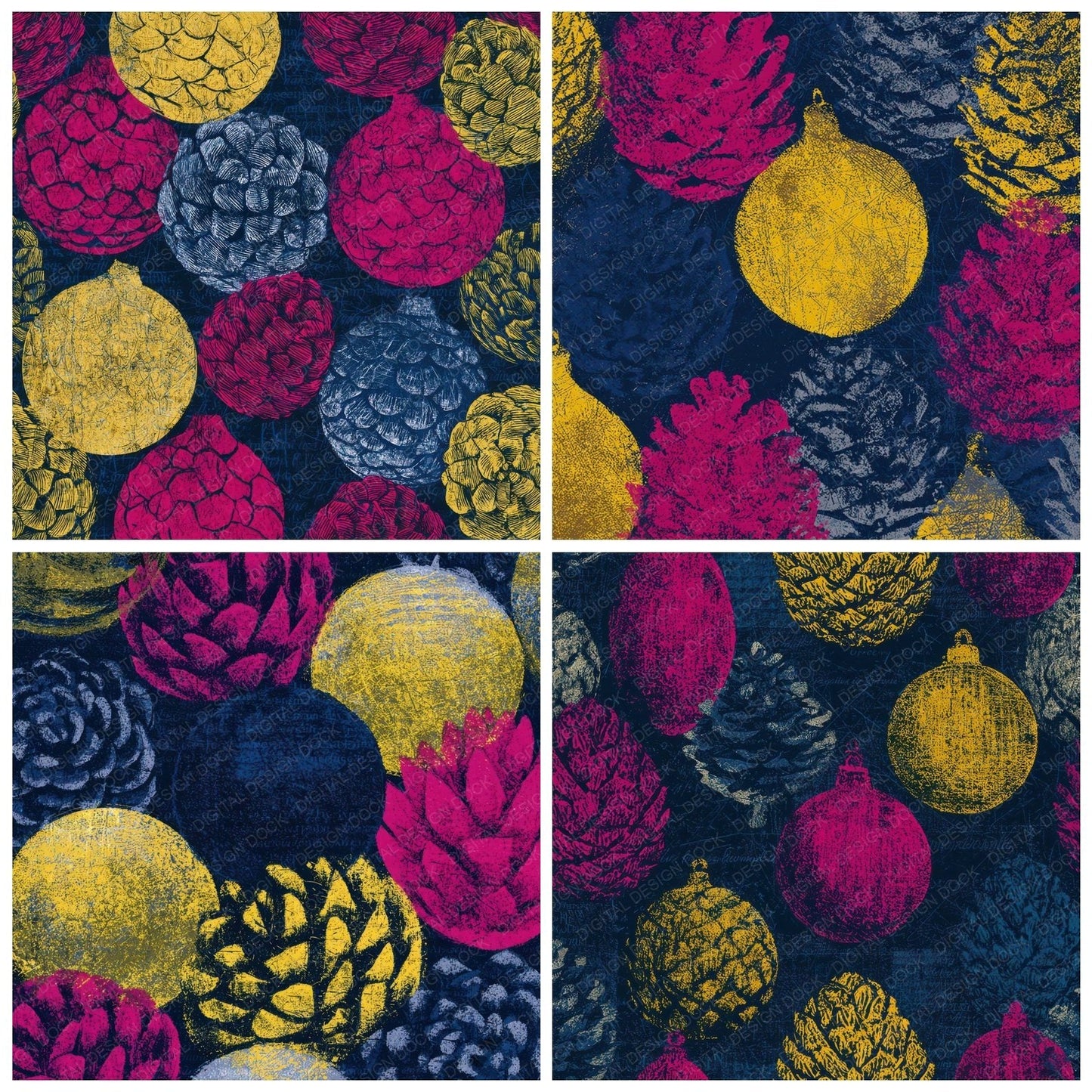 Scratchboard Christmas Pine Cones Hot Pink Digital Paper Pack (DDD012940)