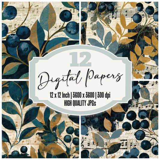 Scratchboard Music Notes Blueberries Slate Digital Paper Pack (DDD012941)