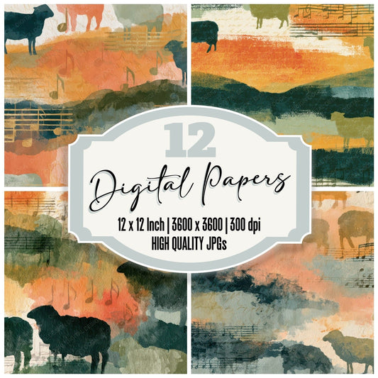 Watercolour Music Notes Sheep Apricot Pistachio Digital Paper Pack (DDD012942)