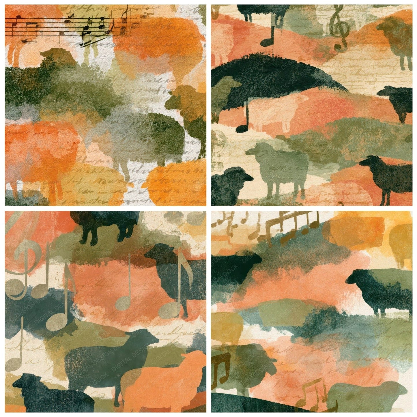 Watercolour Music Notes Sheep Apricot Pistachio Digital Paper Pack (DDD012942)