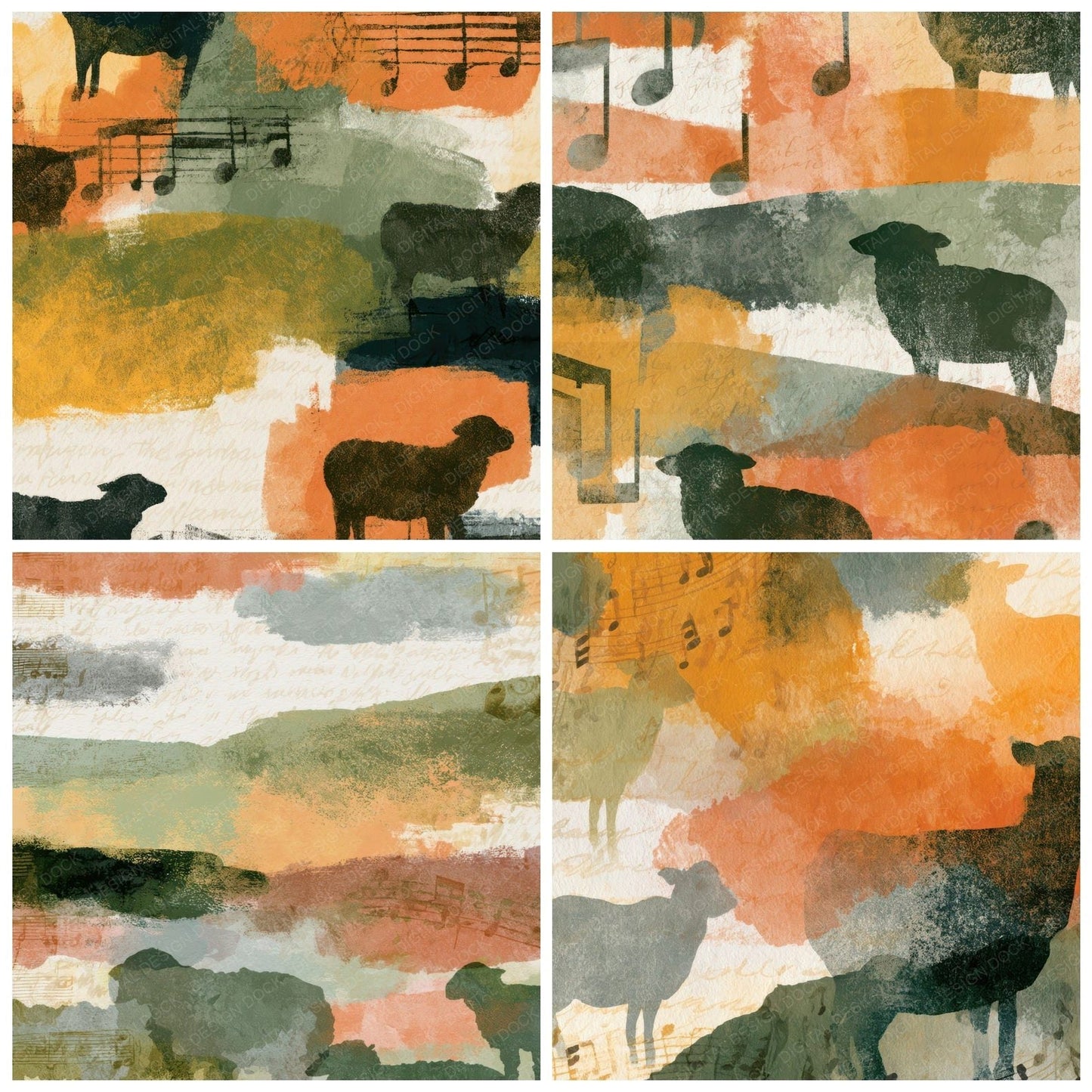 Watercolour Music Notes Sheep Apricot Pistachio Digital Paper Pack (DDD012942)