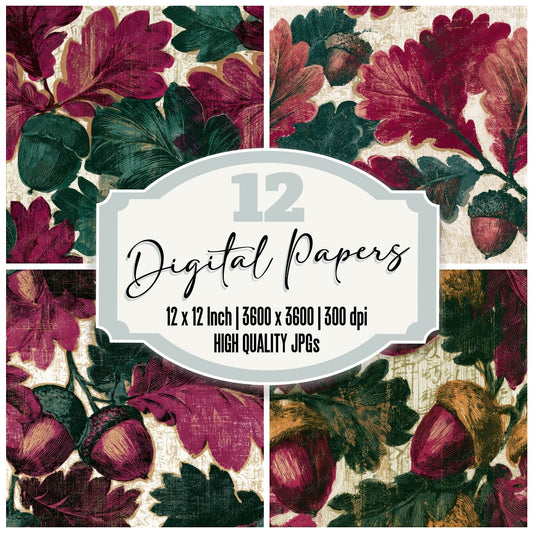 Woodcut Victorian Acorn Magenta Seamless Digital Paper Pack (DDD012944)