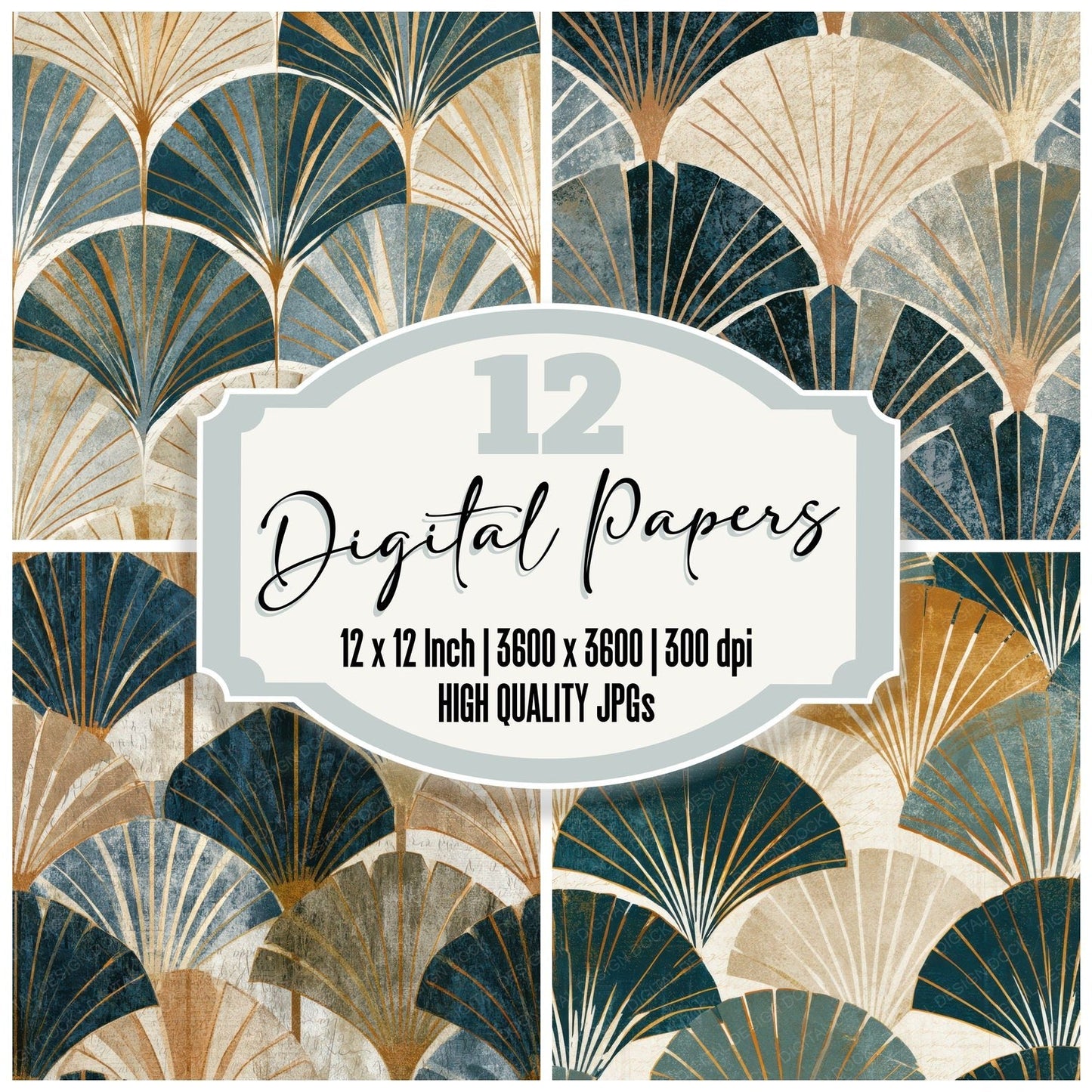 Antique Botanical Art Deco Fans Digital Paper Pack (DDD012945)