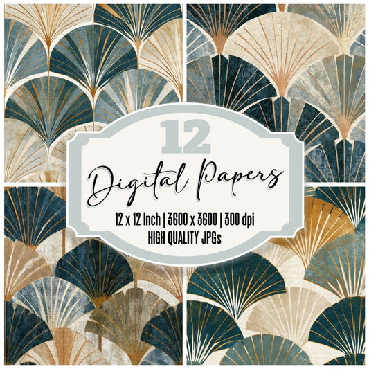 Antique Botanical Art Deco Fans Digital Paper Pack (DDD012945)