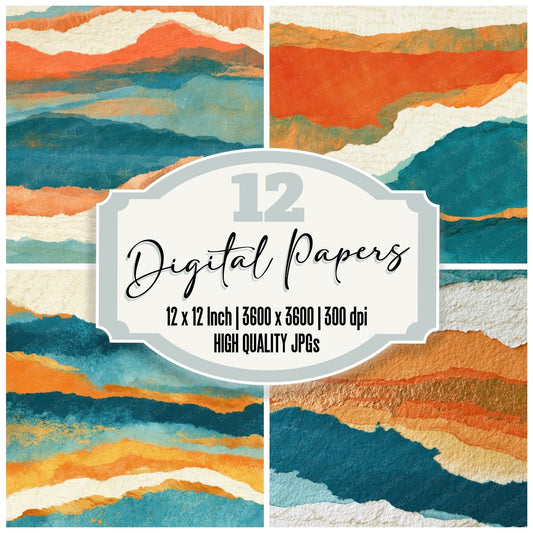 Collage Tangerine Aqua Abstract Digital Paper Pack (DDD012949)