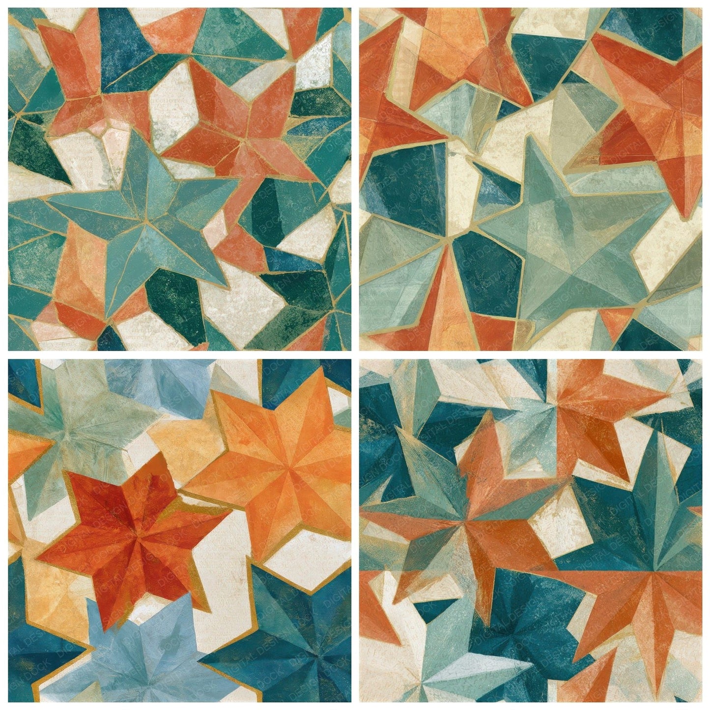 Egg Tempera Pentagrams Folds Papaya Jade Seamless Digital Paper Pack (DDD012951)