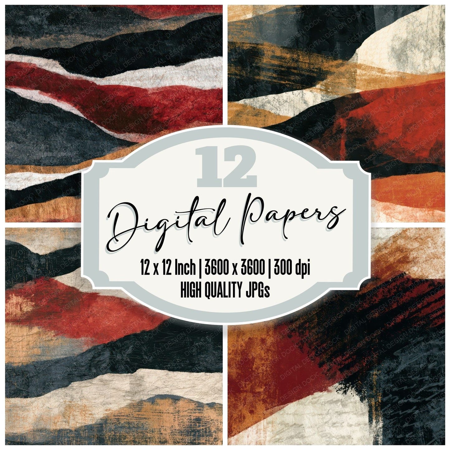 Gouache Folds Creases Black Ivory Abstract Digital Paper Pack (DDD012952)