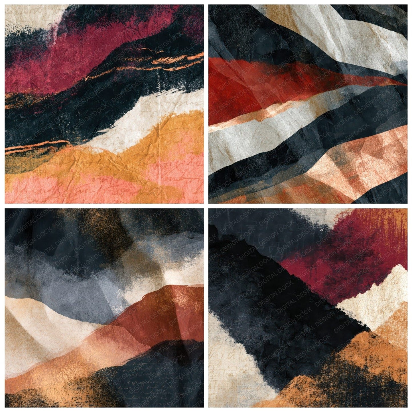 Gouache Folds Creases Black Ivory Abstract Digital Paper Pack (DDD012952)