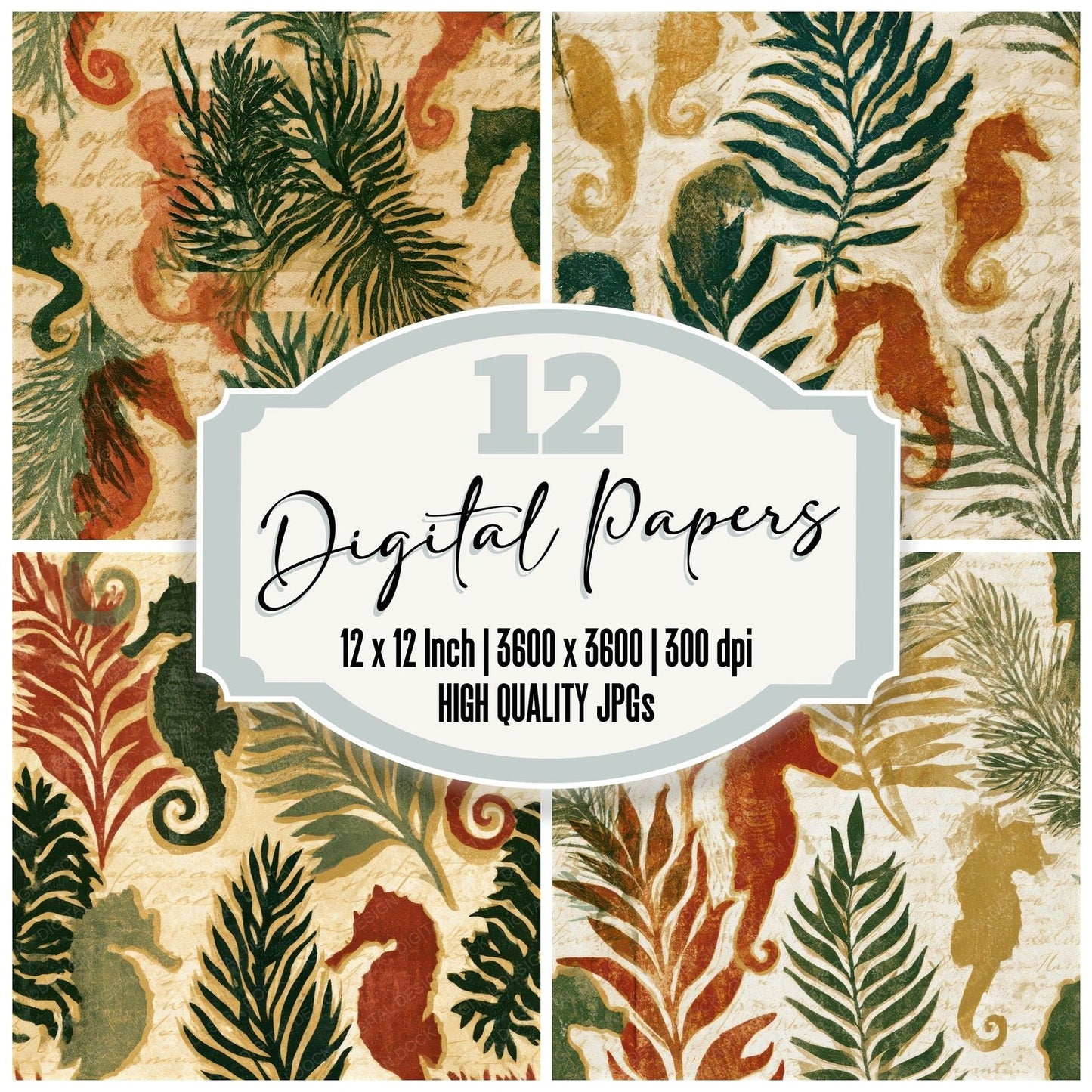 Linocut Italian Seahorse Cinnamon Moss Seamless Digital Paper Pack (DDD012954)