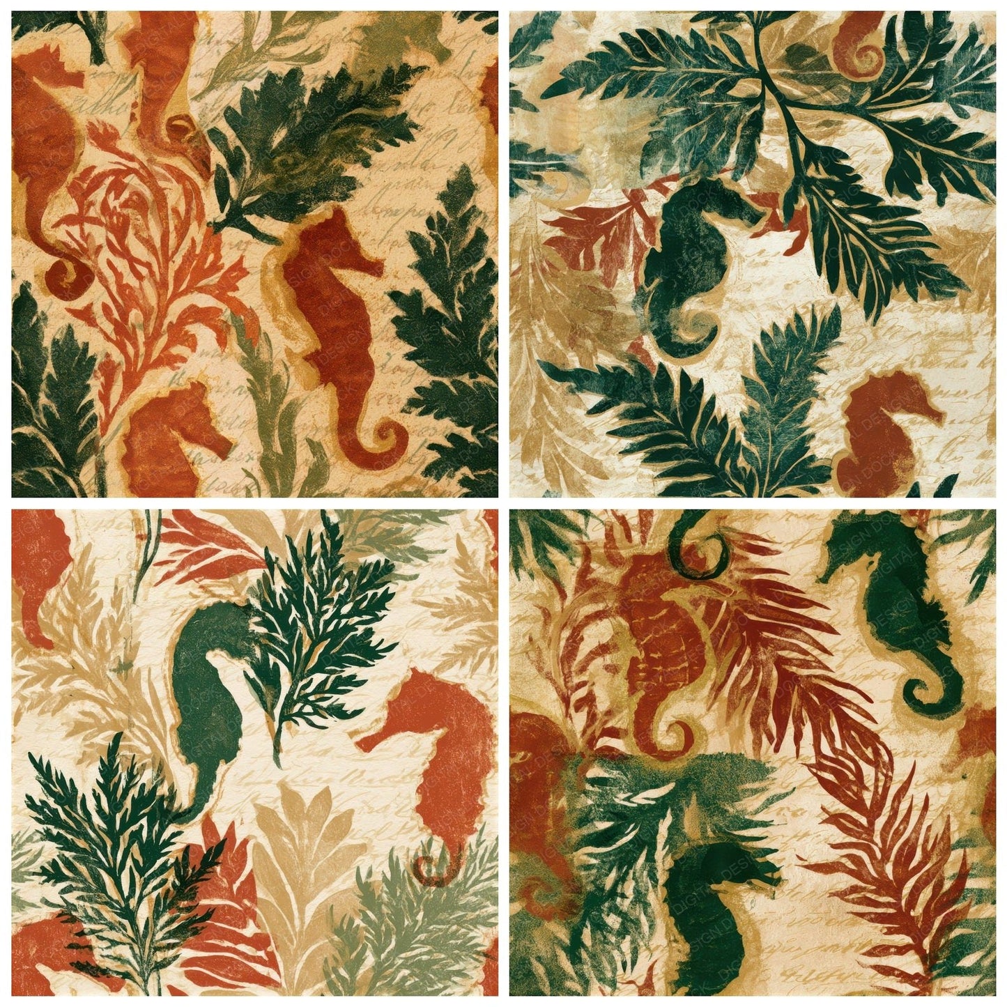 Linocut Italian Seahorse Cinnamon Moss Seamless Digital Paper Pack (DDD012954)