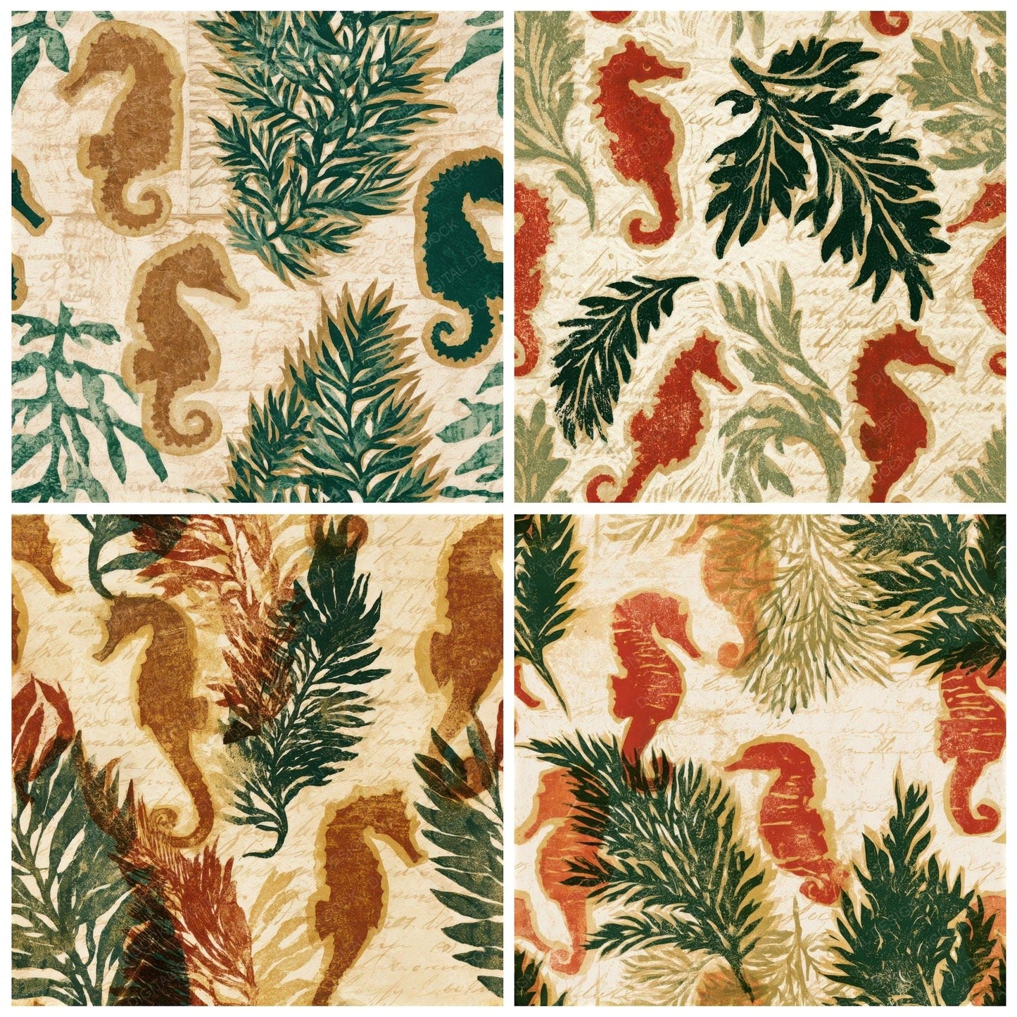 Linocut Italian Seahorse Cinnamon Moss Seamless Digital Paper Pack (DDD012954)