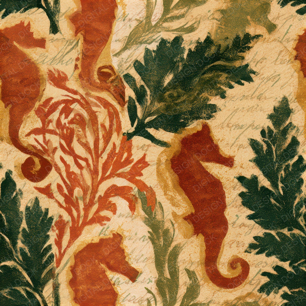 Linocut Italian Seahorse Cinnamon Moss Seamless Digital Paper Pack (DDD012954)