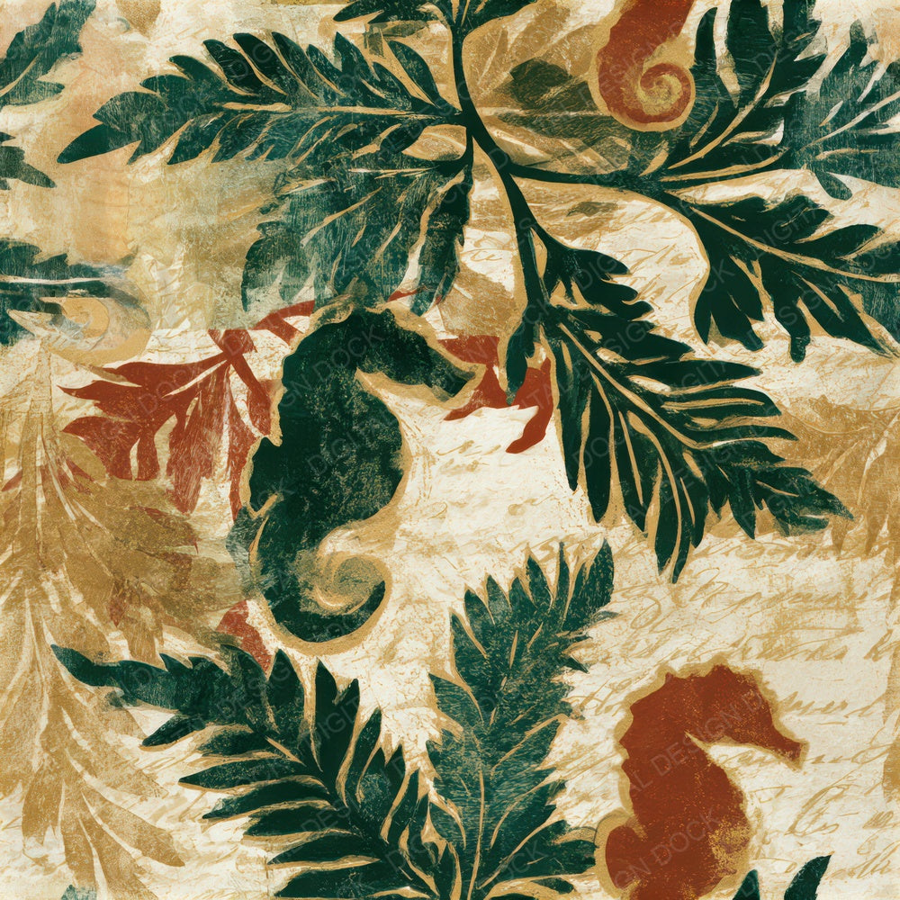 Linocut Italian Seahorse Cinnamon Moss Seamless Digital Paper Pack (DDD012954)