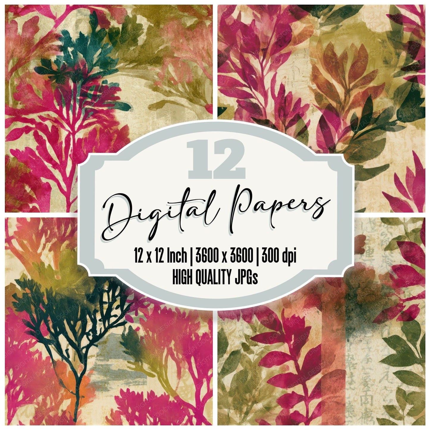Watercolour Kelp Forest Fuchsia Lime Seamless Digital Paper Pack (DDD012964)