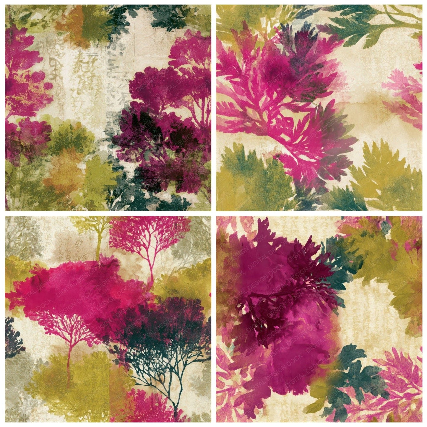 Watercolour Kelp Forest Fuchsia Lime Seamless Digital Paper Pack (DDD012964)