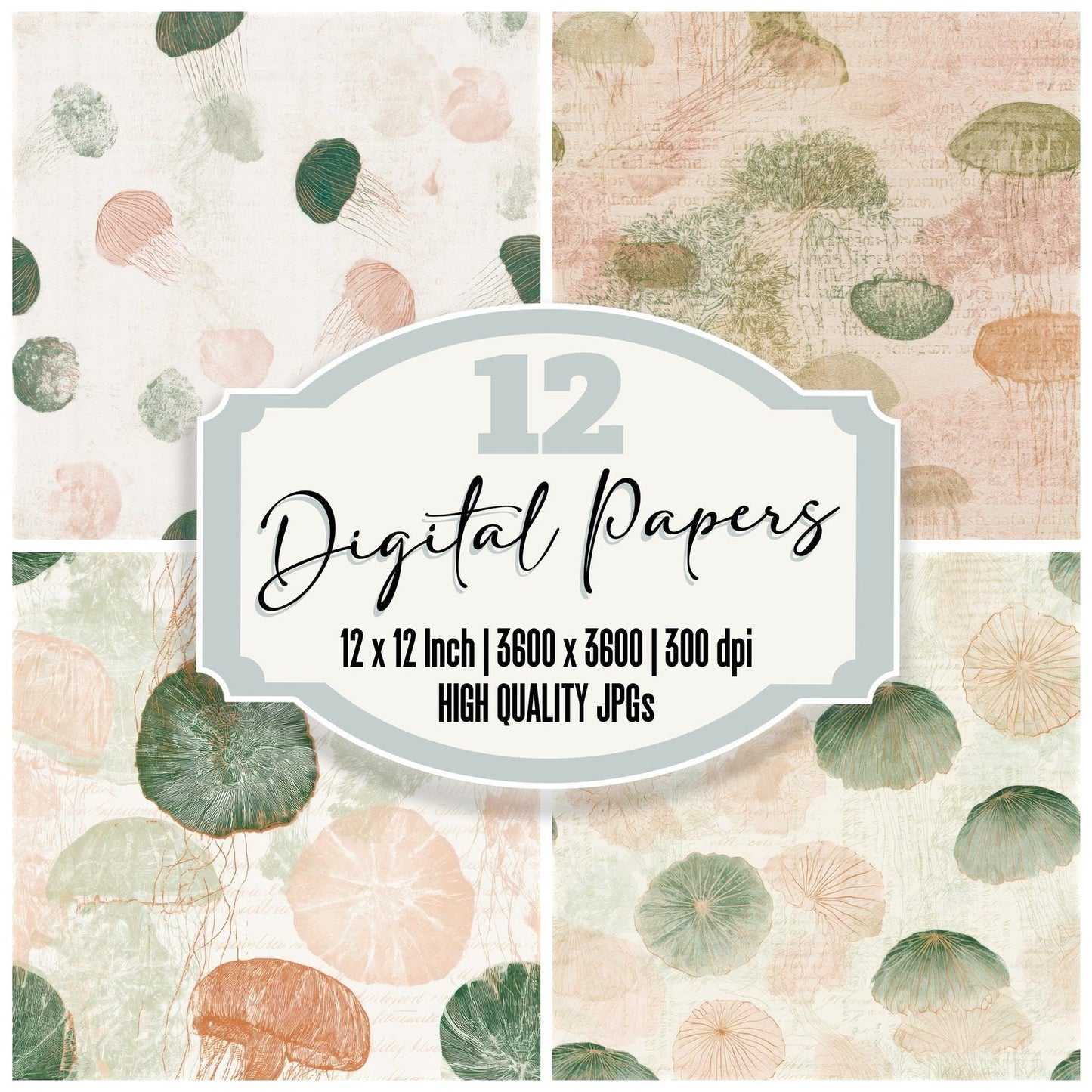 Drypoint Jellyfish Dewy Green Blush Seamless Digital Paper Pack (DDD012965)