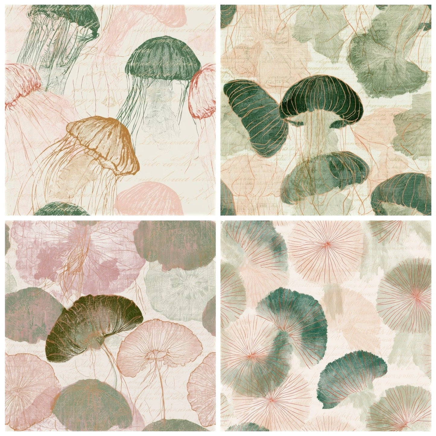 Drypoint Jellyfish Dewy Green Blush Seamless Digital Paper Pack (DDD012965)