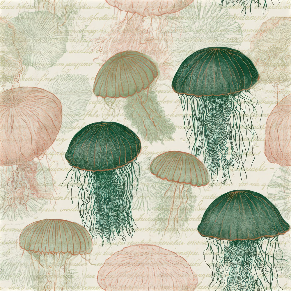 Drypoint Jellyfish Dewy Green Blush Seamless Digital Paper Pack (DDD012965)