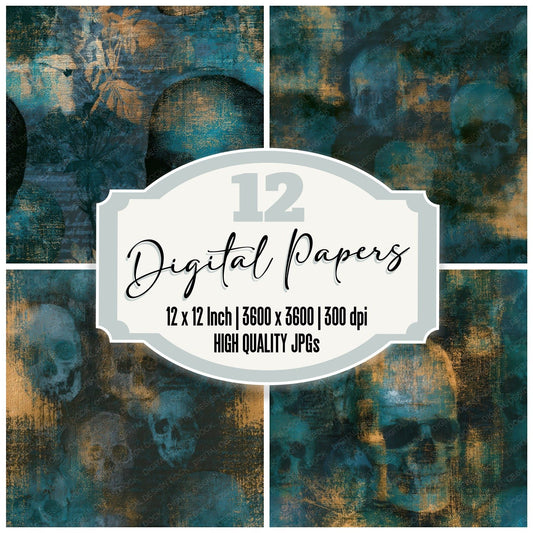 Infrared Skulls Teal Brass Seamless Digital Paper Pack (DDD012970)