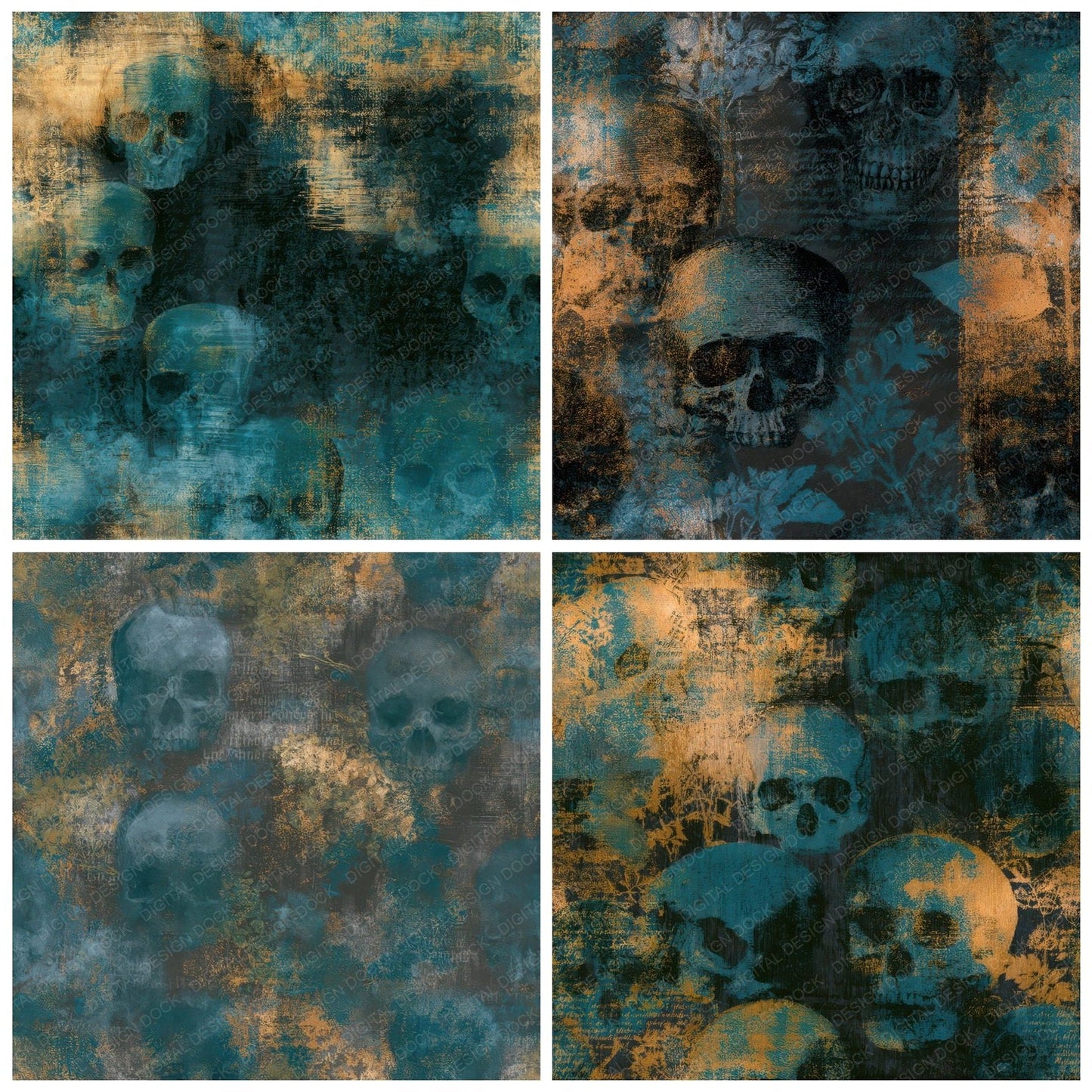 Infrared Skulls Teal Brass Seamless Digital Paper Pack (DDD012970)