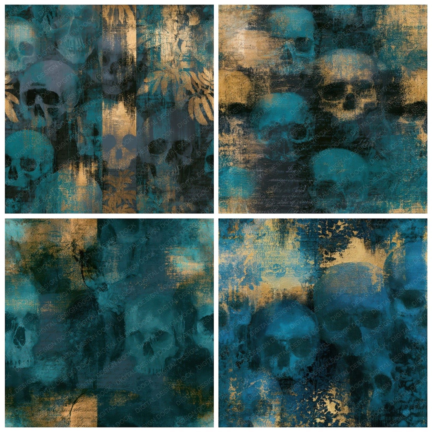 Infrared Skulls Teal Brass Seamless Digital Paper Pack (DDD012970)
