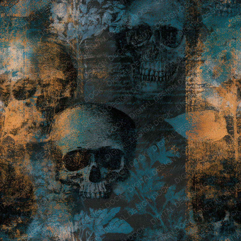 Infrared Skulls Teal Brass Seamless Digital Paper Pack (DDD012970)