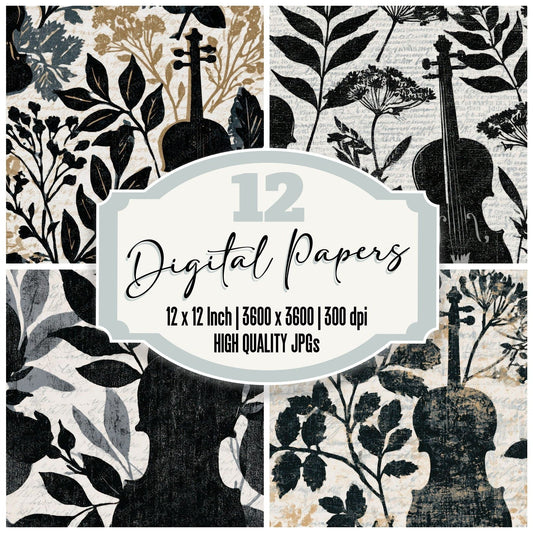 Linocut Botanical Violin Black Chalk Digital Paper Pack (DDD012972)