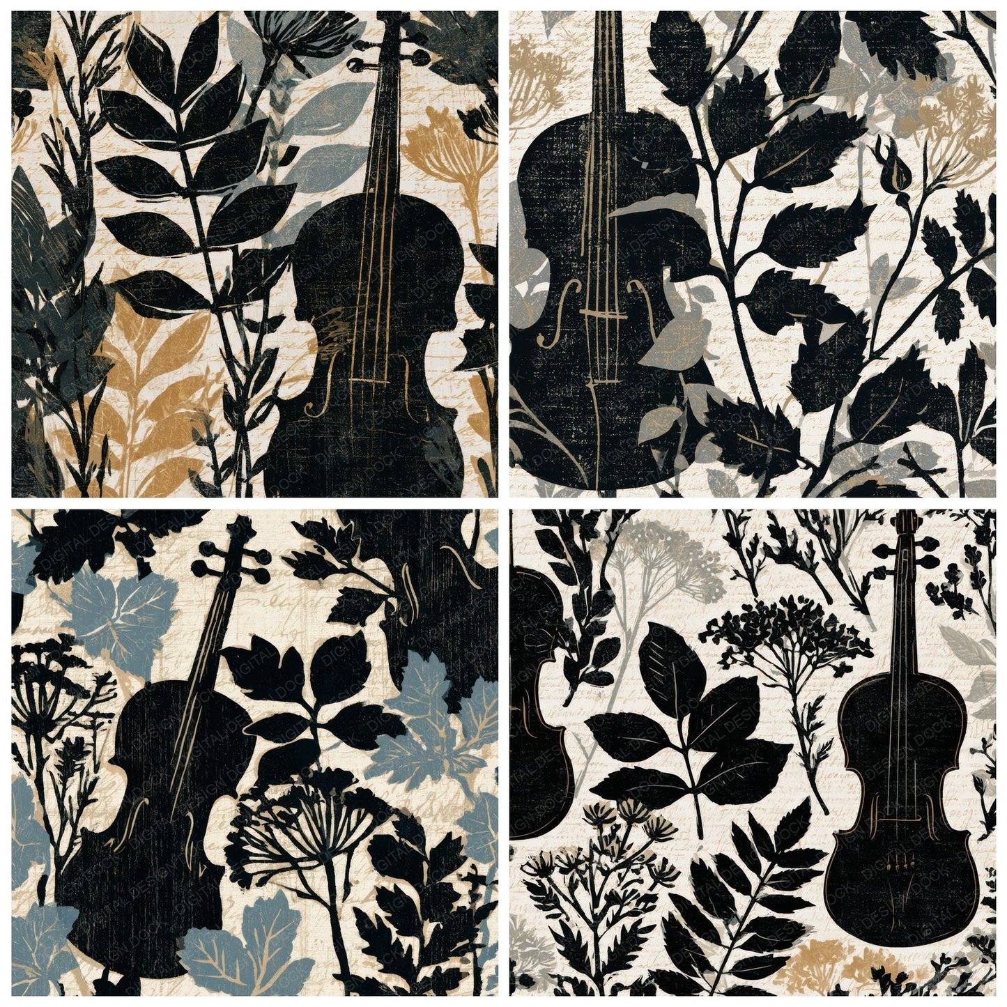 Linocut Botanical Violin Black Chalk Digital Paper Pack (DDD012972)