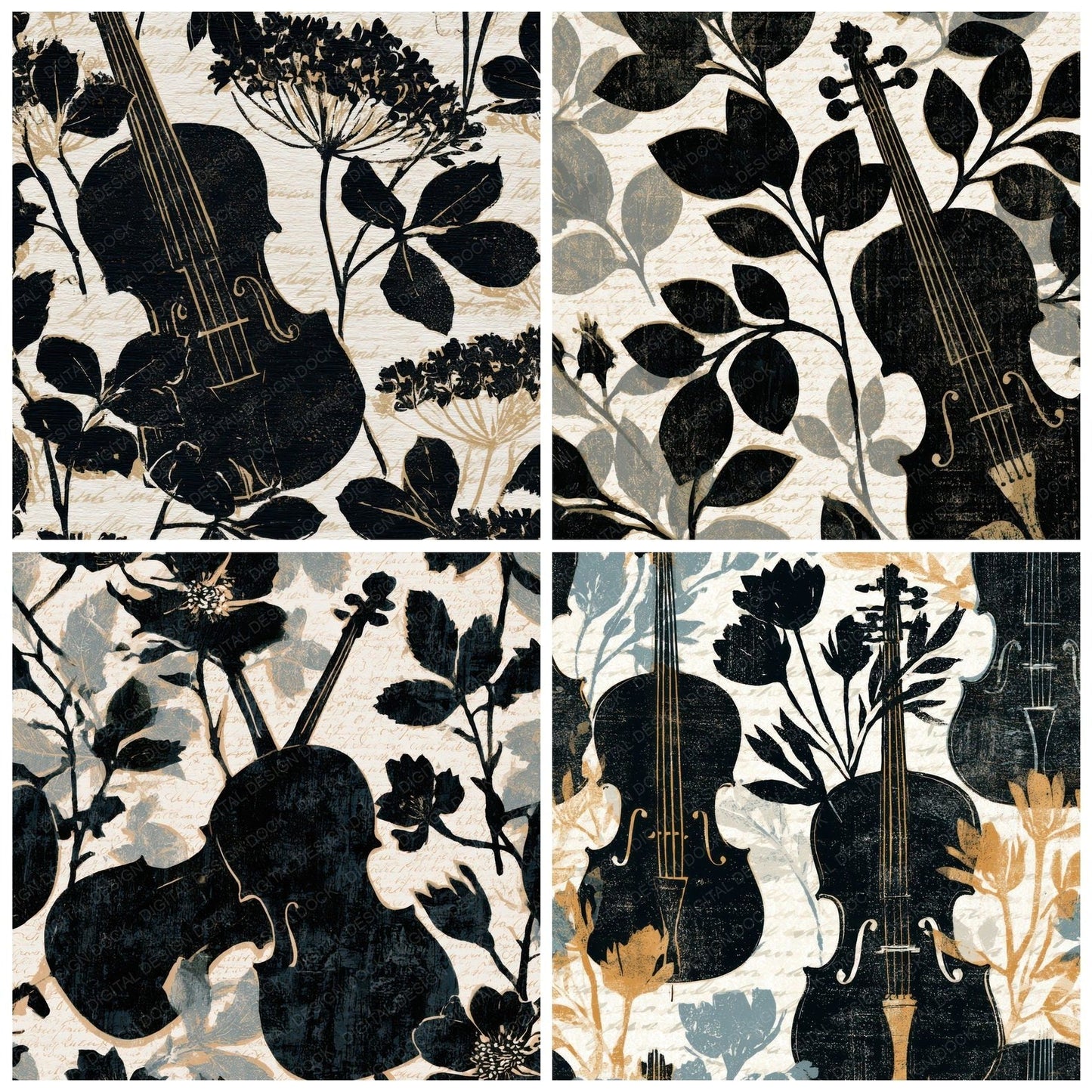 Linocut Botanical Violin Black Chalk Digital Paper Pack (DDD012972)
