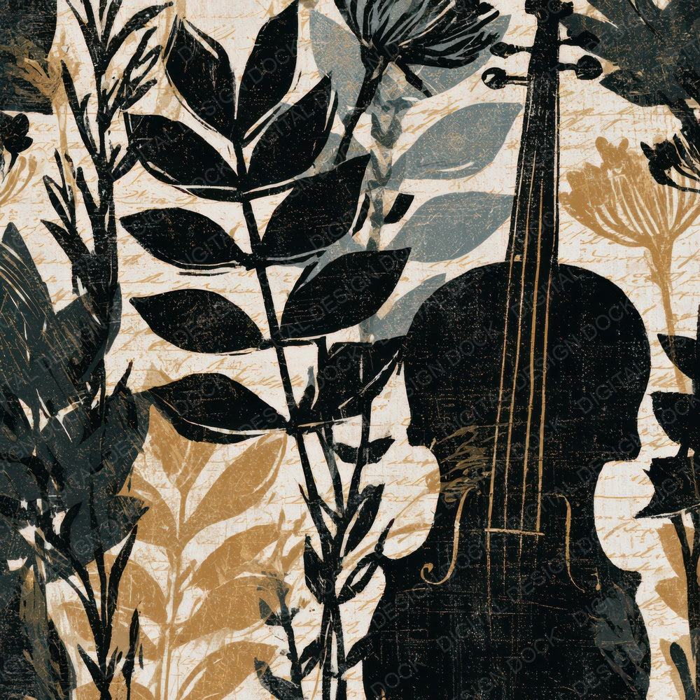 Linocut Botanical Violin Black Chalk Digital Paper Pack (DDD012972)