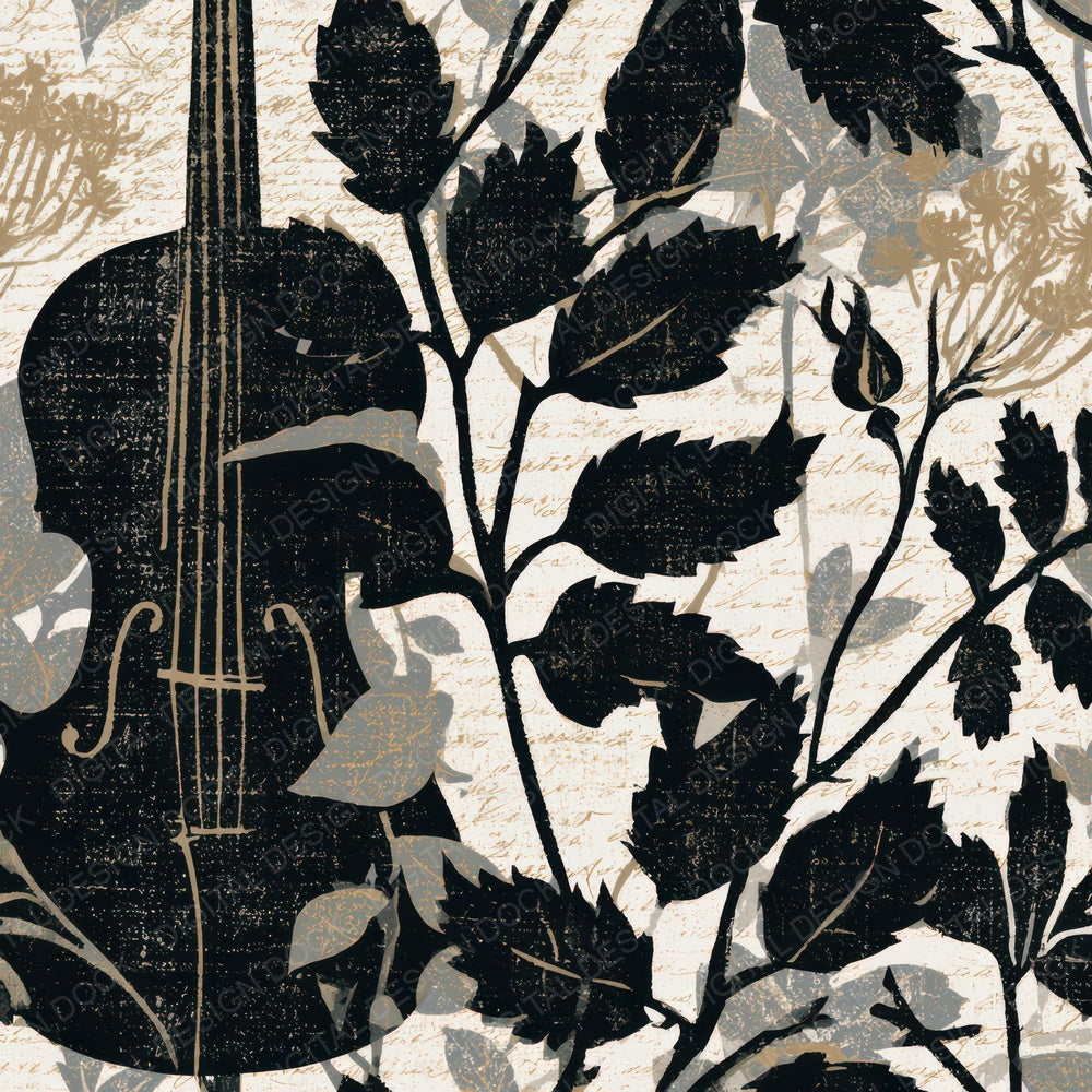 Linocut Botanical Violin Black Chalk Digital Paper Pack (DDD012972)