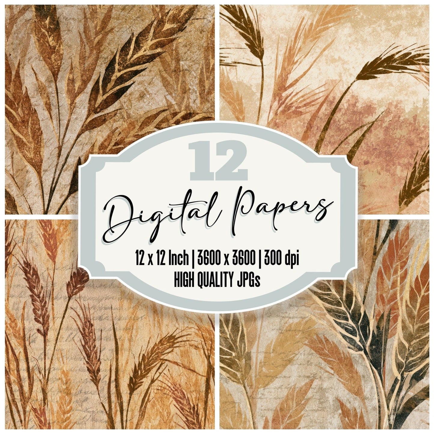 Linocut Wheat Sepia Beige Digital Paper Pack (DDD012973)