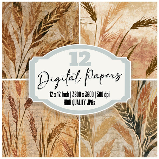 Linocut Wheat Sepia Beige Digital Paper Pack (DDD012973)