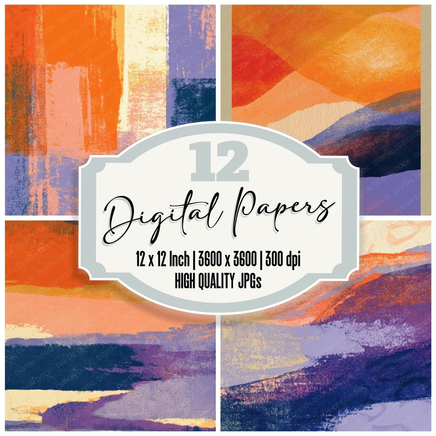 Screenprint Tangerine Lavender Abstract Digital Paper Pack (DDD012977)