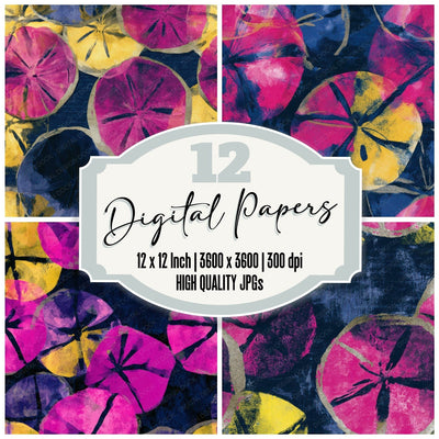 Sumi-e Sand Dollars Pink Yellow Navy Seamless digital paper pack cover showing four of the 12 papers