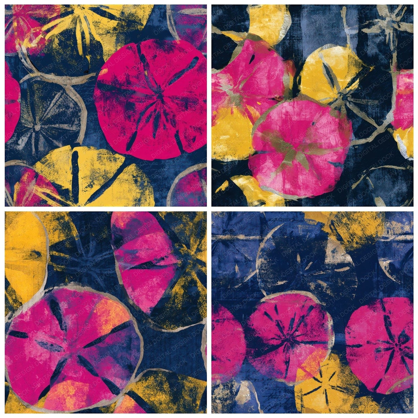 Sumi-e Sand Dollars Pink Yellow Navy Seamless Digital Paper Pack (DDD012978)
