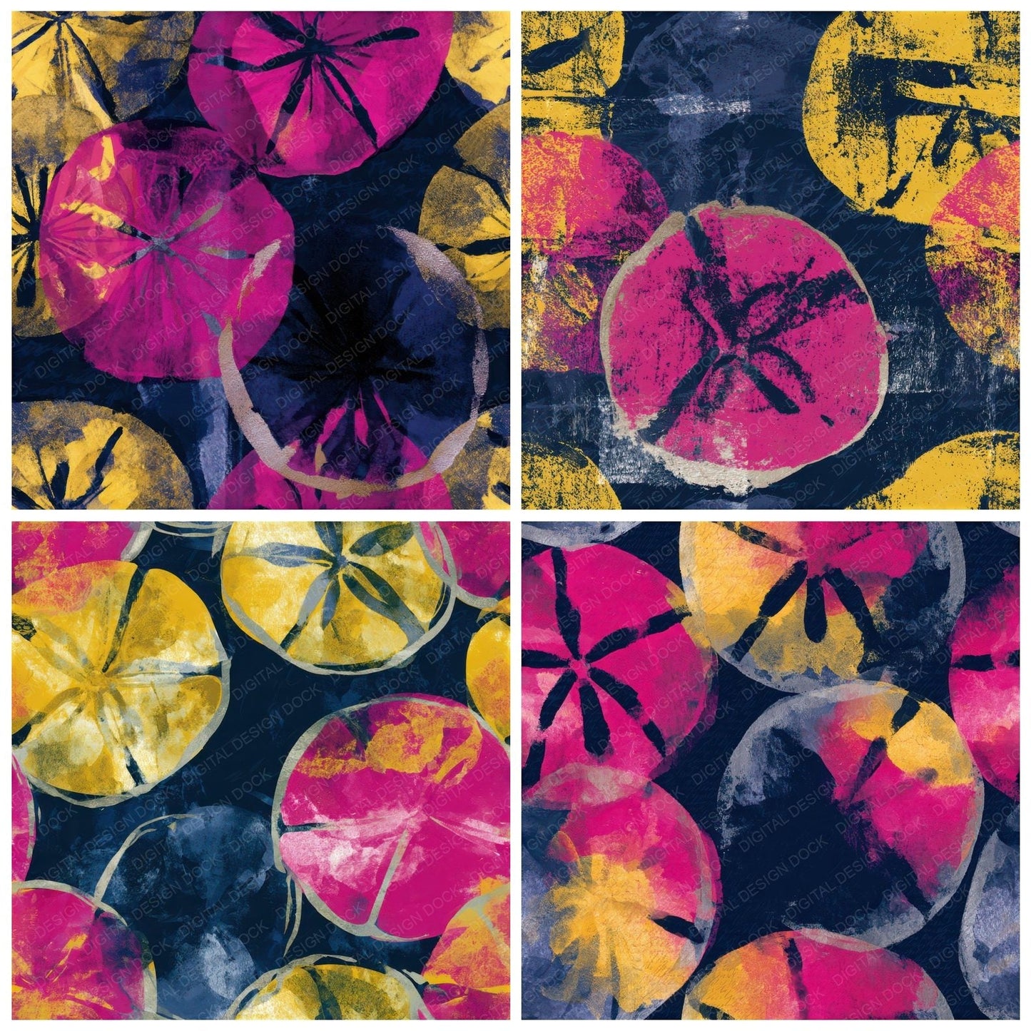 Sumi-e Sand Dollars Pink Yellow Navy Seamless Digital Paper Pack (DDD012978)