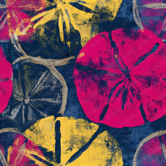 Sumi-e Sand Dollars Pink Yellow Navy Seamless Digital Paper Pack (DDD012978)
