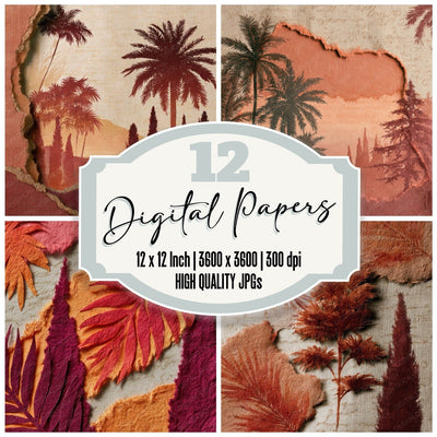 Torn Paper Italian Palm Pumpkin Wine Digital Paper Pack (DDD012980)