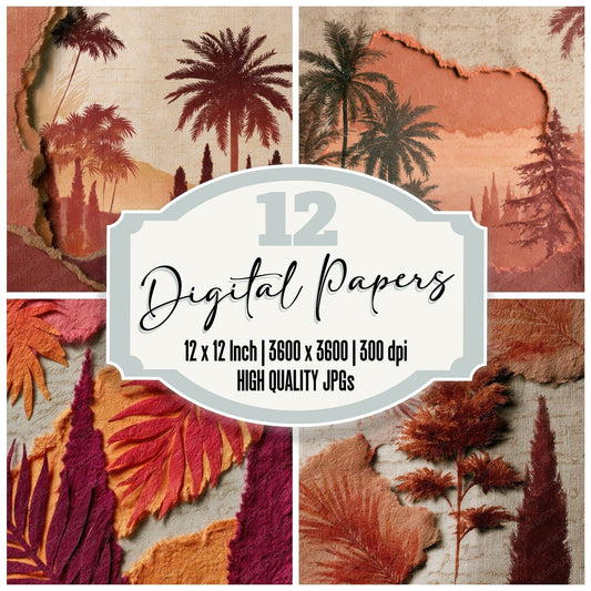 Torn Paper Italian Palm Pumpkin Wine Digital Paper Pack (DDD012980)