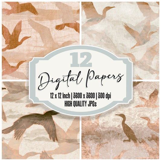 Woodblock Cormorants Oyster Clay Digital Paper Pack (DDD012982)