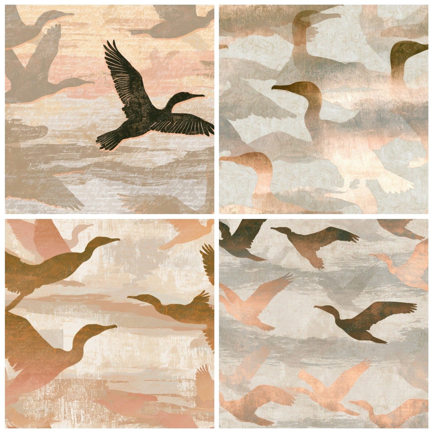 Woodblock Cormorants Oyster Clay Digital Paper Pack (DDD012982)
